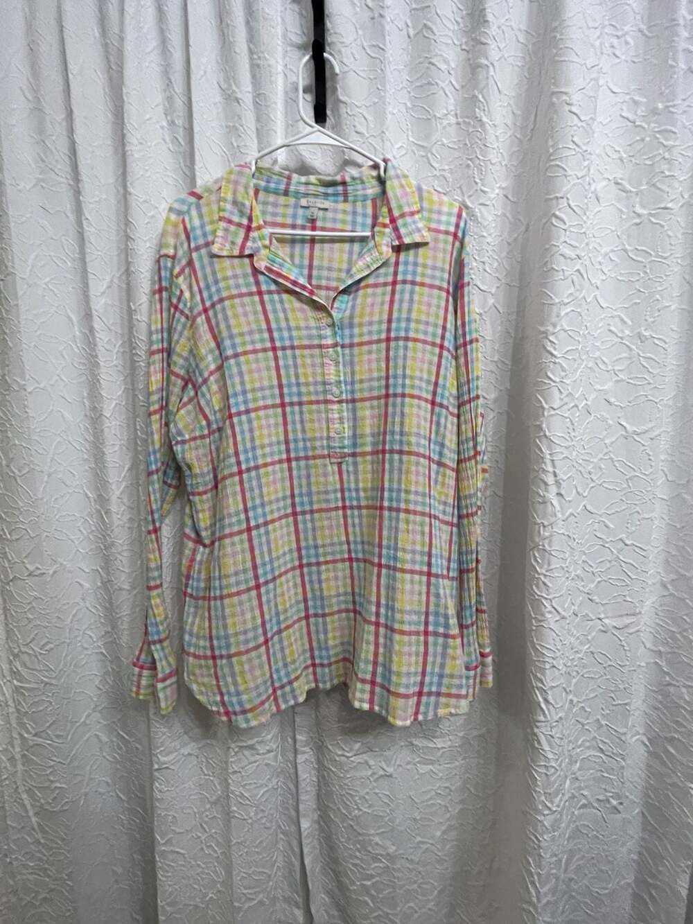 Talbots Plaid Popover Shirt Size XL Multicolor Pastel Crinkle Cotton Long Sleeve
